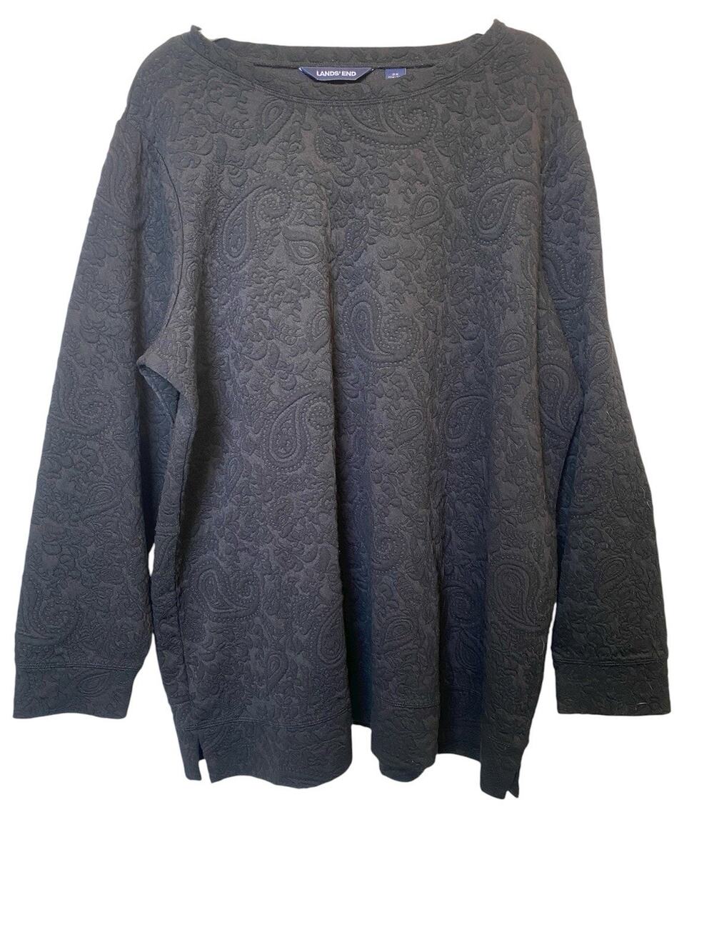 Lands End Shirt Womens 2X 20W-22W Casual Black Paisley Embossed Textured Sweater